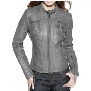 Vestes pour femmes en cuir d'agneau véritable veste élégante motard moto coupe ajustée manteau gris