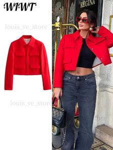 Vestes pour femmes Pocket Pocket Red Jacket Femme 2023 Automne Hiver à manches longues Single Breasted Casual Case Elegant Offer Lady Commuter Tops T231204