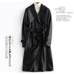 Damesjassen Lautaro Autumn Long Black Pu Lather Trench Coat For Women Sleeve Belt Epaulets British Style Fashion Leather Overcoat 230324