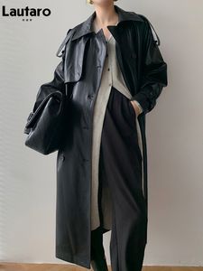 Vestes pour femmes Lautaro Automne Long Trench-coat en similicuir noir surdimensionné pour femmes Manches raglan Double boutonnage Marron Mode coréenne 221130