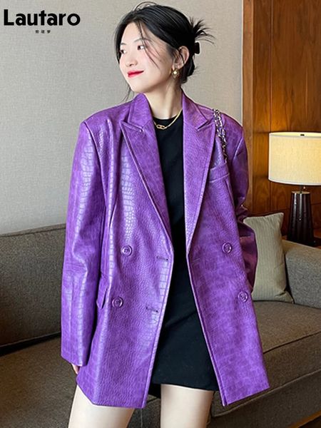 Vestes Femmes Lautaro Automne Surdimensionné Brillant Violet Motif Faux Cuir Blazer Femmes À Manches Longues Double Boutonnage Y2K Veste Mode 231123