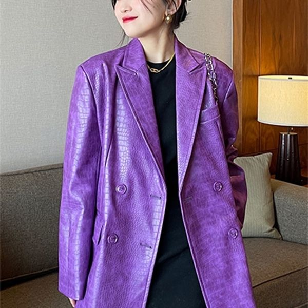 Vestes Femmes Lautaro Automne Surdimensionné Brillant Violet Motif Faux Cuir Blazer Femmes À Manches Longues Double Boutonnage Y2K Veste Mode 221115