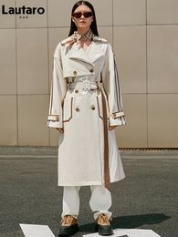 Dames sackets lautaro lente herfst lange kleur blok pu lederen trench jas voor dames riemzakken ontwerper losse stijlvolle luxe kleding 221130