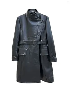 Damesjacks Lederen jas Stand-up kraag lang met riem losse pasvorm