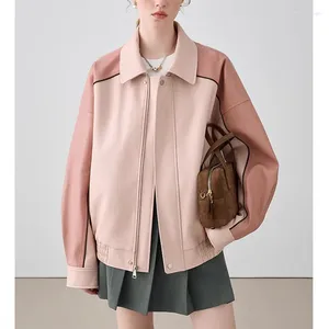 Vestes pour femmes veste en cuir polyvalent automne et hiver coupe ample rétro mode Pu couleur correspondant manteau femme rose haut
