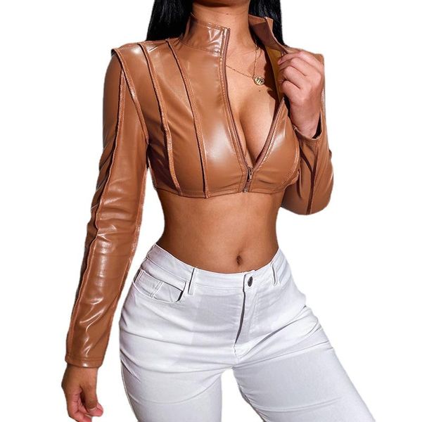 Vestes Femmes Veste en cuir Femmes 2021 Automne Printemps Moto Biker Zipper Brown Black Crop Coat Dames Vêtements d'extérieur