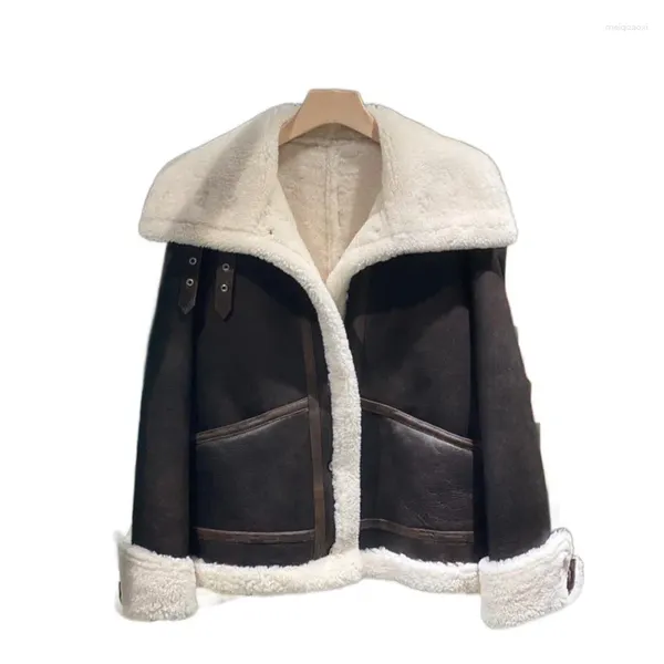 Vestes pour femmes en cuir pull manteau grand revers court version ample type contraste de couleur simple boutonnage chaud et confortable automne/hiver