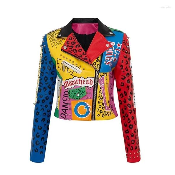 Chaquetas de mujer Edición limitada Graffiti Manga larga Mujer Chaqueta de motocicleta Otoño Invierno Moda Abrigo de cuero fresco Remache delgado corto PU