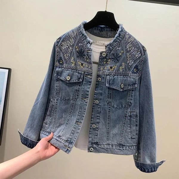 Jackets para mujeres Little Fragant Beaden Denim Jacket Women 2024 Spring Sequin Vintage bordado bordado abrigo corto motocicleta femenina