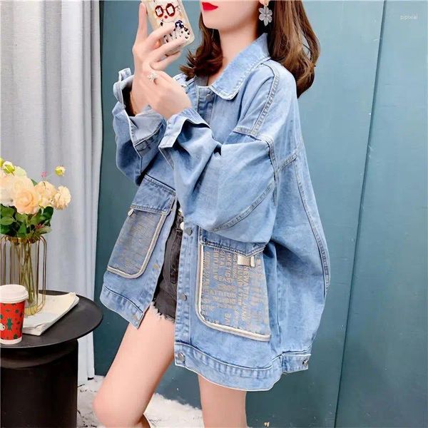 Vestes pour femmes Long Batwing Manches Baggy Automne Boyfriend Denim Veste Drop Épaule Lâche Dames Biker Manteau avec poches épissées