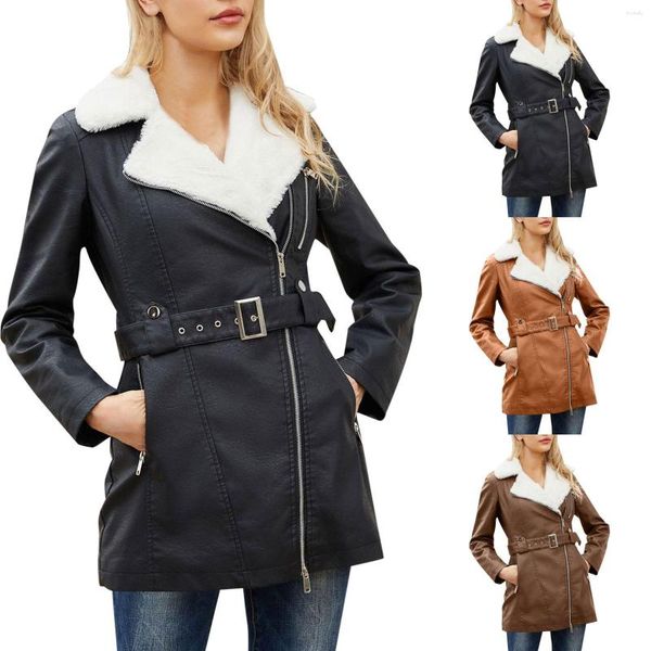 Vestes pour femmes Veste en cuir polaire à manches longues Revers Double tête Ceinture à glissière Chaud Automne et hiver L5