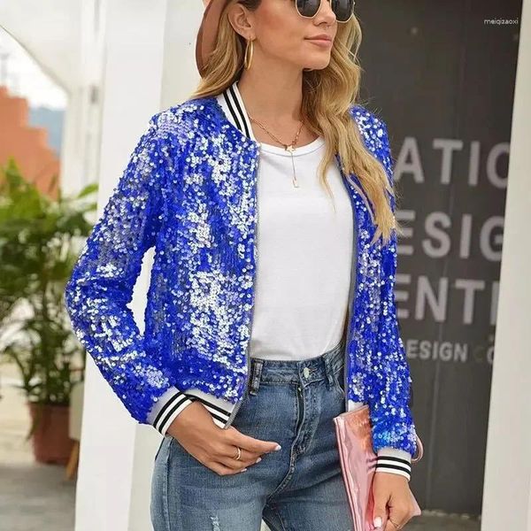 Jackets de mujeres con lentejuelas de manga larga chaqueta de béisbol de béisbol Cárdigan con cuentas para mujeres