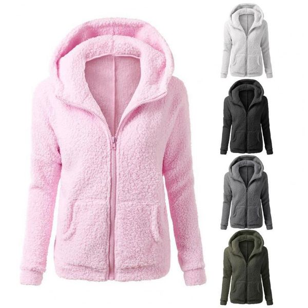 Chaquetas de mujer, cárdigan holgado para mujer, abrigos con capucha para mujer, chaqueta de otoño e invierno, sudadera informal de felpa cálida de Color sólido con cremallera para niñas para el día a día