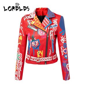 Damesjassen Lordlds Red Leather Jacket Women Graffiti Kleurrijke print Moto Biker Jackets en Coats Punk Streetwear Ladies Deskled 230301