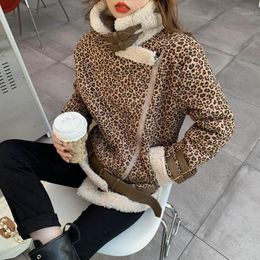 Vestes pour femmes Lucyever léopard agneau cachemire veste femmes 2021 hiver épais chaud en peluche motard manteau femme coréen fermeture éclair col rabattu sur