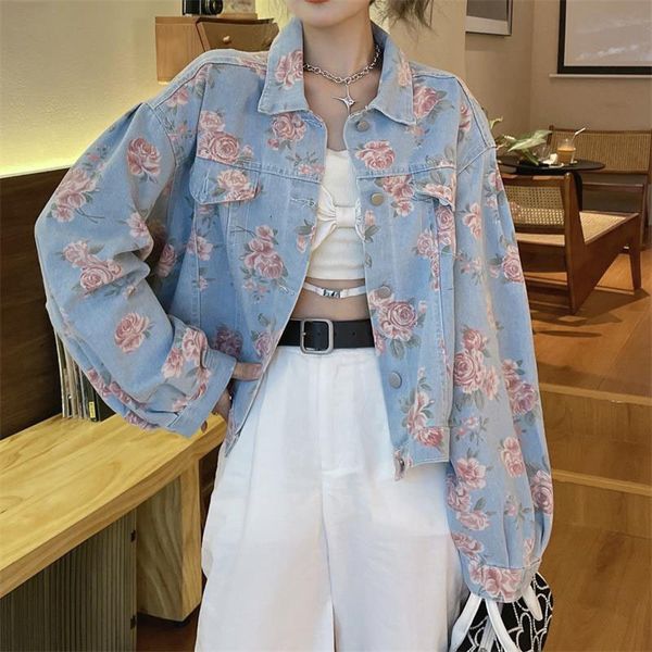 Chaquetas de mujer Lucyever Vintage Rose impreso chaquetas de mezclilla mujer otoño manga larga suelta prendas de vestir mujeres coreanas streetwear crop jeans abrigo 230912