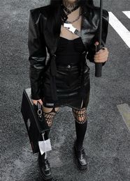 Damesjassen lunaticasylm Harajuku y2k punk gothic meisje zwart pu lederen lange mouwen gevoel voor luxe tops streetwear traf jack 230302