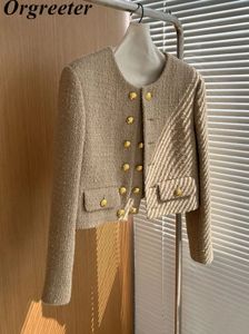 Damesjassen Luxe merk Tweed jas Mode Dames Kleine geur Goud Double Breasted Wollen korte jas Elegant OL Uitloper Tops 231010