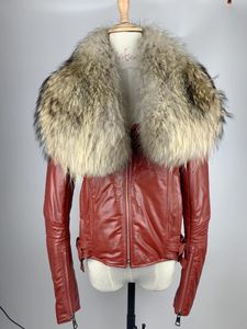 Chaquetas de mujer, chaqueta de piel de oveja auténtica de lujo, abrigo cálido con Cuello de piel de mapache Real Natural para mujer, Otoño Invierno