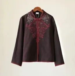Vestes pour femmes de luxe manteau court veste vintage lin jacquard matelassé vin rouge broderie dames vêtements