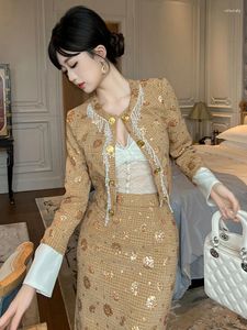 Vestes Femmes Veste courte de luxe pour femmes élégantes manteau en tweed paillettes brillantes perles boutons à double boutonnage hauts vêtements bureau fête