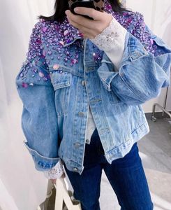 Vestes pour femmes style luxe étincelles en strass violets coton de coton court veste en jean pailleté