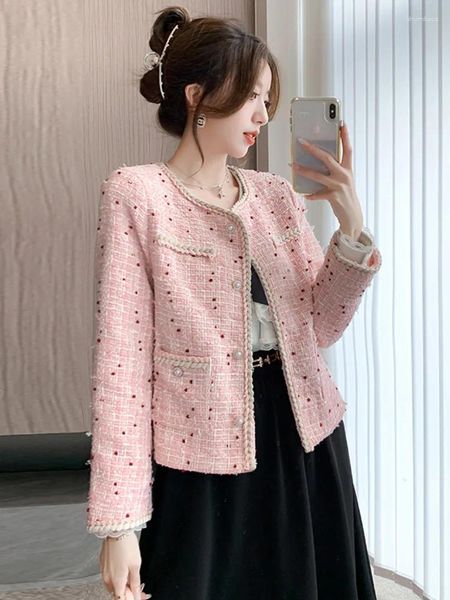 Chaquetas de mujer Estilo de lujo Tweed Abrigo corto para mujeres 2023 Otoño e invierno Elegante Rosa Manga larga Cuello redondo Outwear de lana