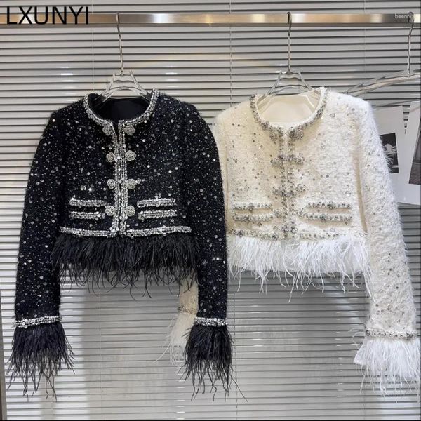 Vestes Femmes Lxunyi Mode Dames Perles Paillettes Tweed Manteau De Laine Femmes 2023 Automne Strass Plume Patchwork Manteaux Courts Blanc