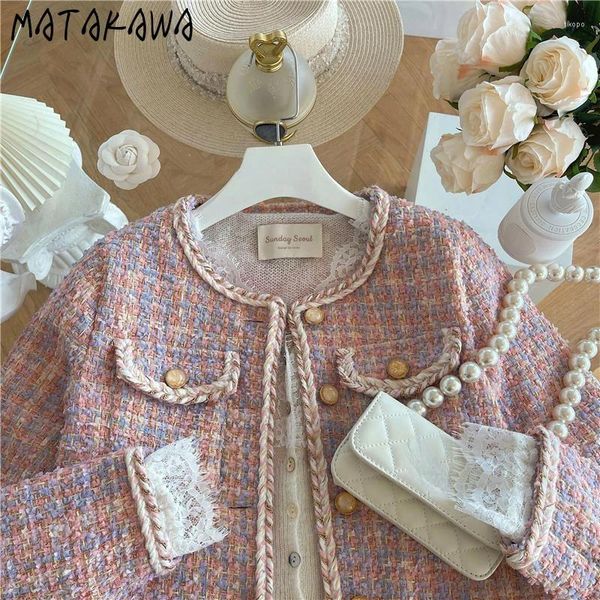 Chaquetas De Mujer Matakawa Tweed Otoño Invierno para Mujer Rosa dulce moda coreana Chaquetas a cuadros elegante Retro Chic Ropa De Mujer