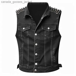 Jaquetas femininas masculinas vintage punk jeans colete sem mangas jaquetas jeans com rebites l231208