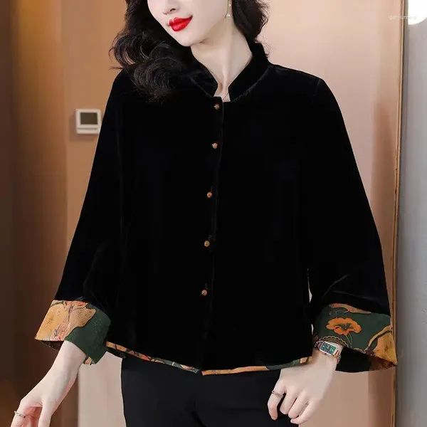Vestes pour femmes Chemise de velours de maman d'âge moyen Femmes 2023 Automne / Hiver Style chinois Vintage Stand Col Imprimé Épissé Lâche Manteau Top