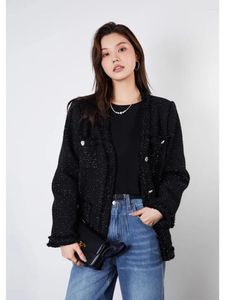 Chaquetas de mujer Miiiix Cisne negro Tweed grueso Pequeño viento fragante Chaqueta de seda brillante Con cuello en V Elegante Abrigo de un solo pecho para ropa de mujer