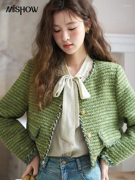 Jackets para mujeres Mishow French Small Small Fragant Short Fathing For Women 2024 Spring Round Neck Tweed Tweed Woven Tape Greating Green Top