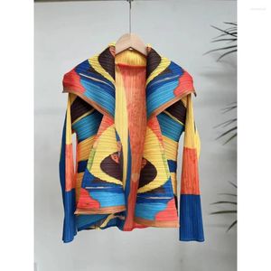 Vestes pour femmes Miyake plissé couleur bloc veste manteau 2023 automne revers à manches longues bouton unique lâche femme haut tendance