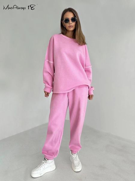Vestes pour femmes Mnealways18-Ensemble deux pièces en tricot éponge pour femme sweat-shirt rose pull décontracte pantalon de jogging 231206