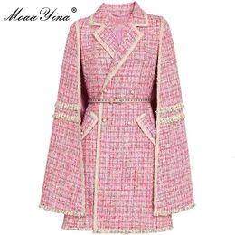 Vestes pour femmes MoaaYina Fashion Designer Automne Hiver Rose Tweed Vêtements d'extérieur Col rabattu Ceintures Manteau Manteau Manteau 230225