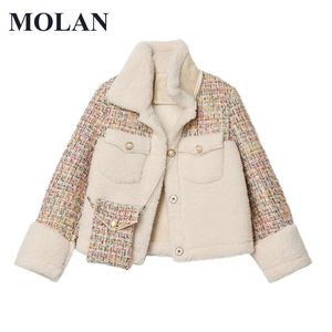 Vrouwen sackets molan elegante vrouw lam kasjmier mode patchwork lange mouw faux bont winter waem dikke vrouw chic outdarnen 230225