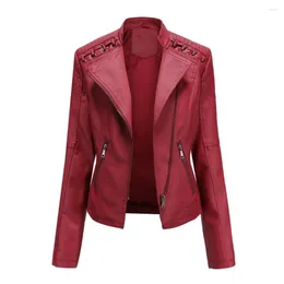 Vestes pour femmes Outwear 2024 Col de remin-down Pu Faux Leather Femmes Jacket Luxury Veste Black Rose Red Biker