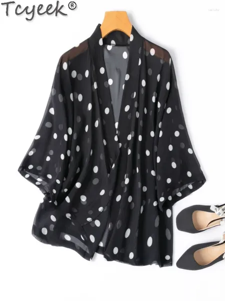 Vestes pour femmes Mulberry Silk Top Femmes Summer Cardigan Séprécion Vêtements de châle de mode Black Blanc Dot Womens Tops Half-Sheeve