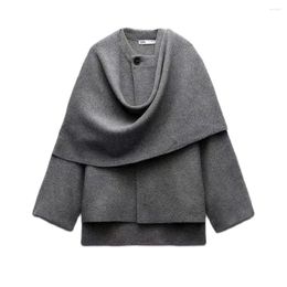 Veste de châle gris pour femmes avec écharpe à manches longues ouvertes avant élégant et unique usure de rue hiver d'automne