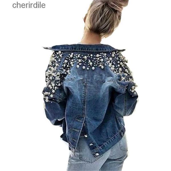 Chaquetas de mujer Nail Bead Short Manga larga Denim Mujeres Otoño Primavera Primavera Coreano Ocio Back Breasted 240301