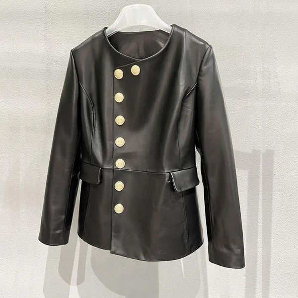 Vestes Femmes Véritable Peau De Mouton Véritable Veste En Cuir Femmes Vintage Noir Or Simple Boutonnage Survêtement Piste Mode Moto Biker