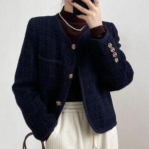 Dames Jacks Marineblauw Wolmix Kleine geur Korte jas Hoge kwaliteit Vintage Ronde hals Eenvoudig Basic Rood Frans Tweed jasje