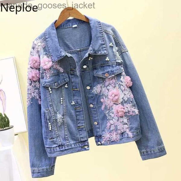 Vestes Femmes Neploe 2023 Printemps Automne Jeans Veste Coréenne Brodée 3D Fleurs Trou Cowboy Vêtements D'extérieur Causal Femmes Demin Manteau L231208