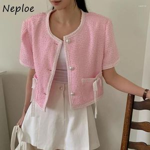 Damesjassen Neplean Koreaanse mode tweed roze jas vrouwen y2k o-neck single breasted 2024 slanke fit korte mouwtoppen mujer