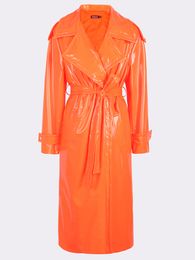 Femmes Vestes Nerazzurri Automne Long Lâche Blanc Orange Brillant Réfléchissant En Cuir Verni Trench-Coat pour Femmes Écharpes Simple Poitrine Mode 221130
