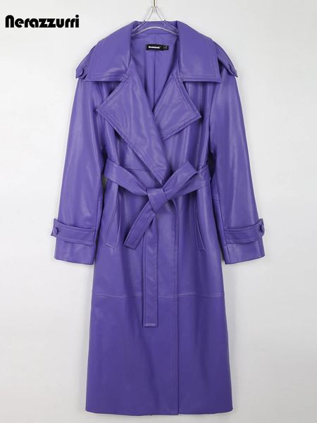 Vestes Femmes Nerazzurri Automne Long Violet Faux Cuir Trench Coat pour Femmes Ceinture Haute Qualité Élégant Luxe Élégant Pardessus Mode 231204