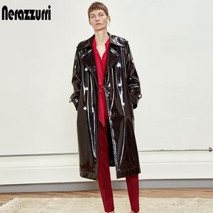 Vrouwen Jassen Nerazzurri Lange waterdichte zwart lakleer trenchcoat voor vrouwen double breasted iriserende oversized 7xl 230615