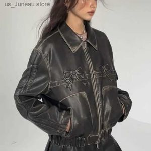 Vestes pour femmes Nouveau arc y2k moto veste cuir en cuir mode femme zipper polo-col