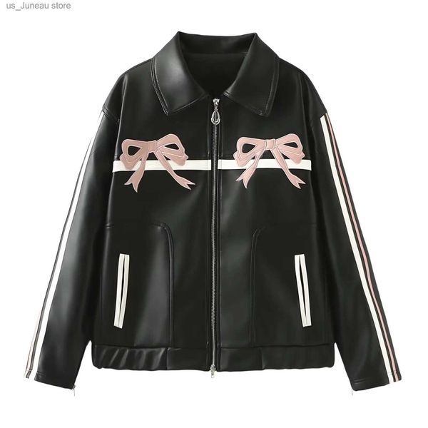 Jackets para mujeres New Womens SWT Cool Bow Retro Chaqueta retro de cuero negro para mostrar tu figura sexy T240412